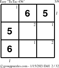 The grouppuzzles.com Easy TicTac-456 puzzle for Friday January 15, 2021 with all 2 steps marked