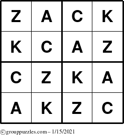 The grouppuzzles.com Answer grid for the Zack puzzle for Friday January 15, 2021