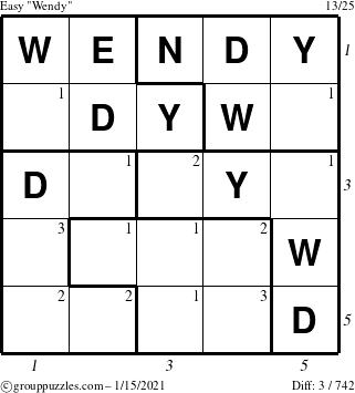 The grouppuzzles.com Easy Wendy puzzle for Friday January 15, 2021 with all 3 steps marked