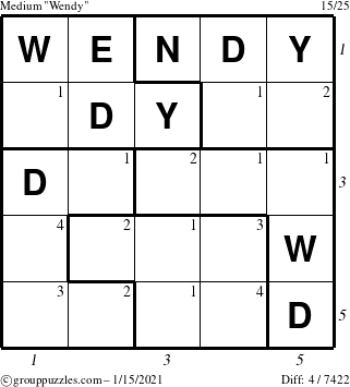 The grouppuzzles.com Medium Wendy puzzle for Friday January 15, 2021 with all 4 steps marked