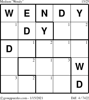 The grouppuzzles.com Medium Wendy puzzle for Friday January 15, 2021 with the first 3 steps marked