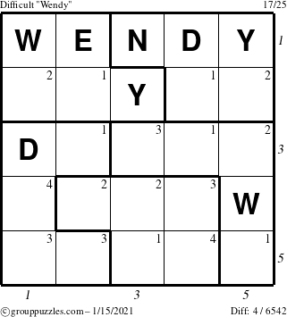 The grouppuzzles.com Difficult Wendy puzzle for Friday January 15, 2021 with all 4 steps marked