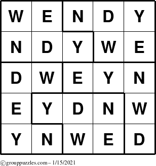 The grouppuzzles.com Answer grid for the Wendy puzzle for Friday January 15, 2021