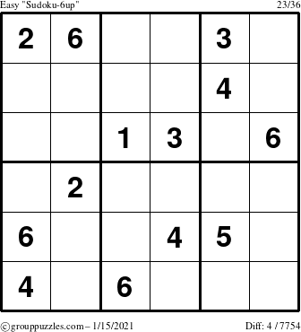 The grouppuzzles.com Easy Sudoku-6up puzzle for Friday January 15, 2021