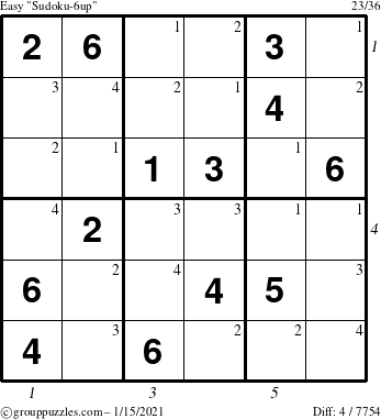 The grouppuzzles.com Easy Sudoku-6up puzzle for Friday January 15, 2021 with all 4 steps marked