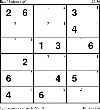 The grouppuzzles.com Easy Sudoku-6up puzzle for Friday January 15, 2021 with the first 3 steps marked