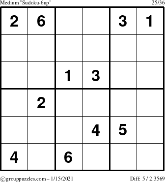 The grouppuzzles.com Medium Sudoku-6up puzzle for Friday January 15, 2021