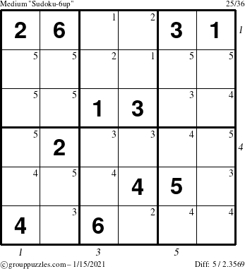 The grouppuzzles.com Medium Sudoku-6up puzzle for Friday January 15, 2021 with all 5 steps marked