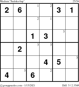 The grouppuzzles.com Medium Sudoku-6up puzzle for Friday January 15, 2021 with the first 3 steps marked