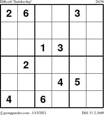 The grouppuzzles.com Difficult Sudoku-6up puzzle for Friday January 15, 2021