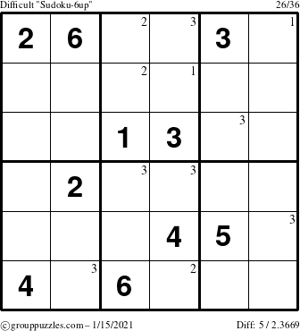 The grouppuzzles.com Difficult Sudoku-6up puzzle for Friday January 15, 2021 with the first 3 steps marked