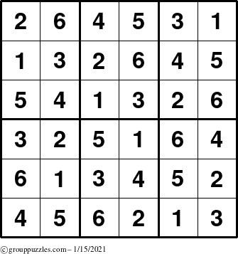 The grouppuzzles.com Answer grid for the Sudoku-6up puzzle for Friday January 15, 2021