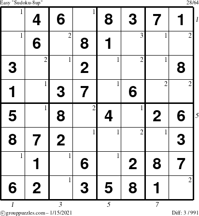 The grouppuzzles.com Easy Sudoku-8up puzzle for Friday January 15, 2021 with all 3 steps marked