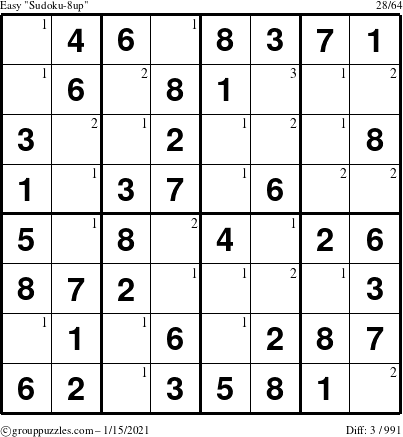 The grouppuzzles.com Easy Sudoku-8up puzzle for Friday January 15, 2021 with the first 3 steps marked