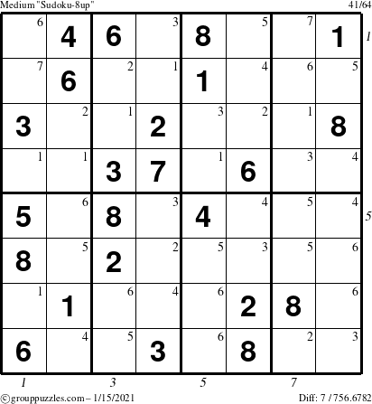 The grouppuzzles.com Medium Sudoku-8up puzzle for Friday January 15, 2021, suitable for printing, with all 7 steps marked