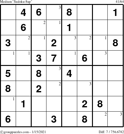 The grouppuzzles.com Medium Sudoku-8up puzzle for Friday January 15, 2021 with the first 3 steps marked