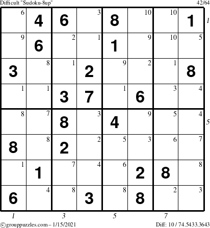 The grouppuzzles.com Difficult Sudoku-8up puzzle for Friday January 15, 2021 with all 10 steps marked