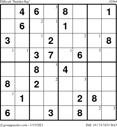 The grouppuzzles.com Difficult Sudoku-8up puzzle for Friday January 15, 2021 with the first 3 steps marked