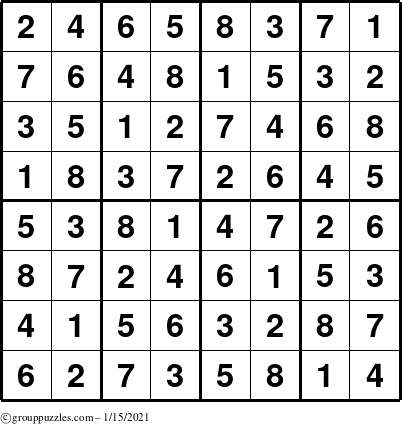 The grouppuzzles.com Answer grid for the Sudoku-8up puzzle for Friday January 15, 2021