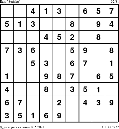 The grouppuzzles.com Easy Sudoku puzzle for Friday January 15, 2021