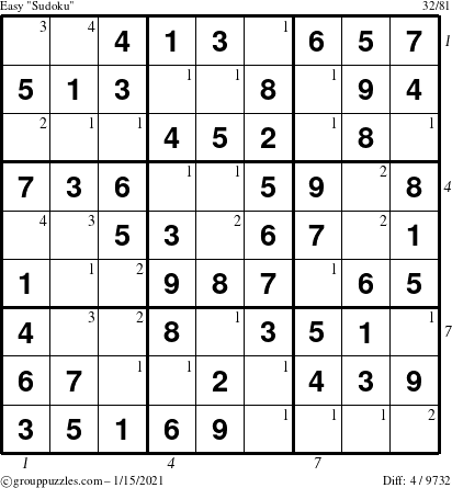 The grouppuzzles.com Easy Sudoku puzzle for Friday January 15, 2021 with all 4 steps marked