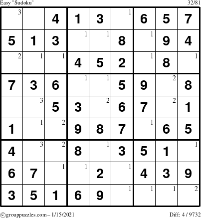 The grouppuzzles.com Easy Sudoku puzzle for Friday January 15, 2021 with the first 3 steps marked