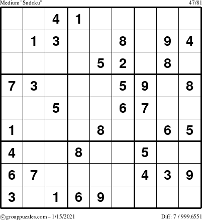 The grouppuzzles.com Medium Sudoku puzzle for Friday January 15, 2021