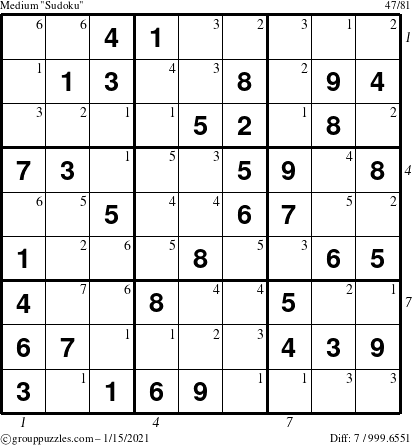 The grouppuzzles.com Medium Sudoku puzzle for Friday January 15, 2021 with all 7 steps marked