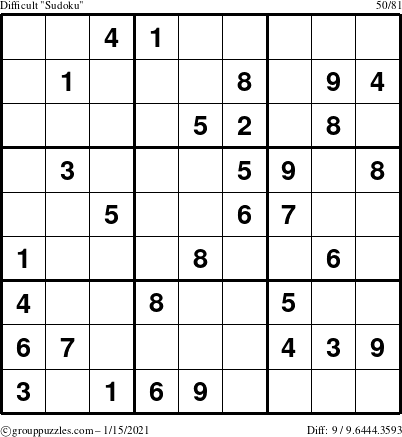 The grouppuzzles.com Difficult Sudoku puzzle for Friday January 15, 2021