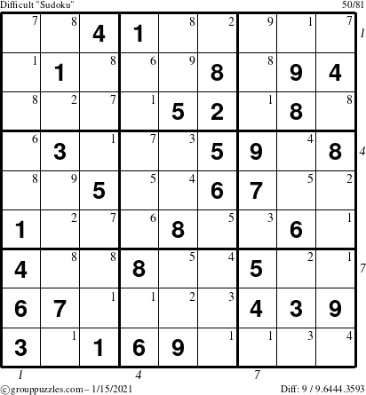 The grouppuzzles.com Difficult Sudoku puzzle for Friday January 15, 2021 with all 9 steps marked