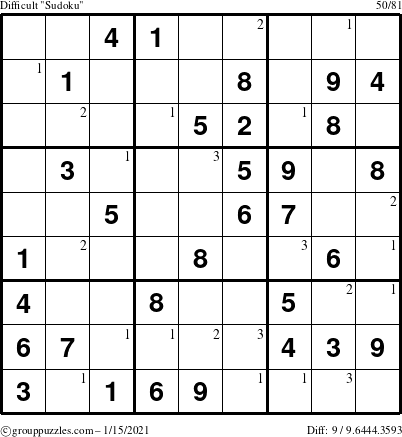 The grouppuzzles.com Difficult Sudoku puzzle for Friday January 15, 2021 with the first 3 steps marked