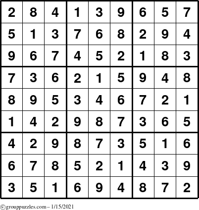 The grouppuzzles.com Answer grid for the Sudoku puzzle for Friday January 15, 2021