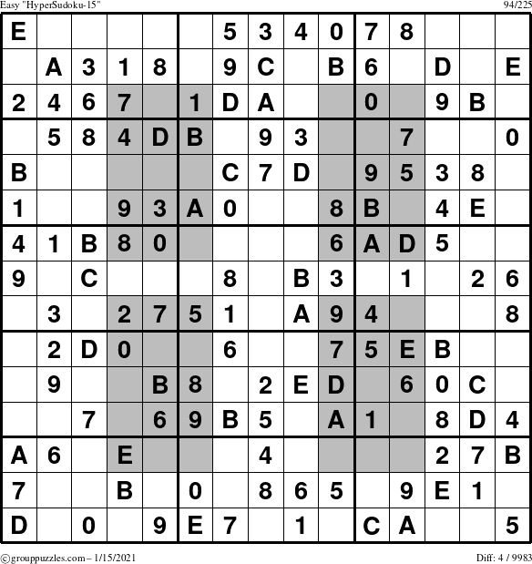 The grouppuzzles.com Easy HyperSudoku-15 puzzle for Friday January 15, 2021