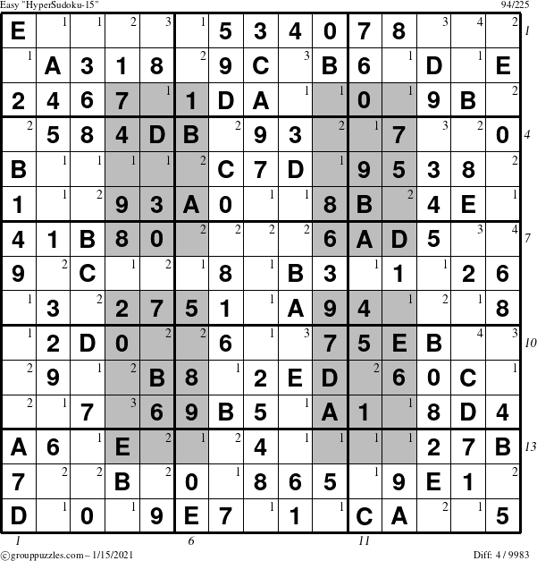 The grouppuzzles.com Easy HyperSudoku-15 puzzle for Friday January 15, 2021, suitable for printing, with all 4 steps marked