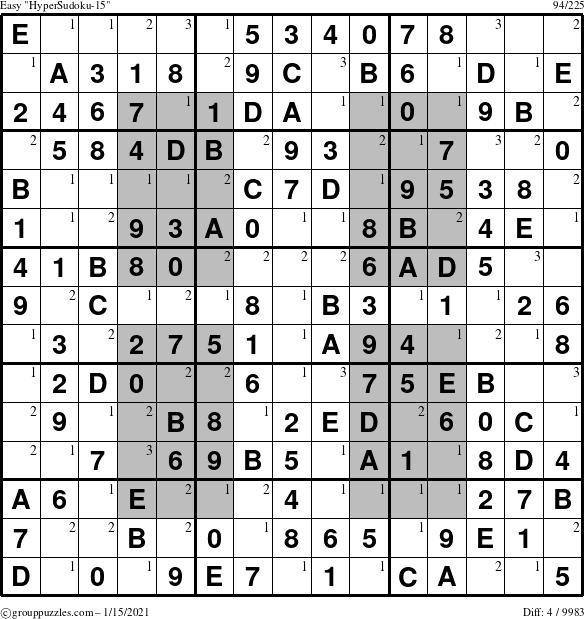 The grouppuzzles.com Easy HyperSudoku-15 puzzle for Friday January 15, 2021 with the first 3 steps marked