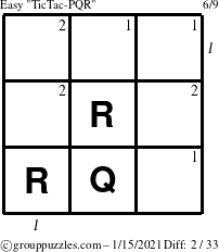 The grouppuzzles.com Easy TicTac-PQR puzzle for Friday January 15, 2021, suitable for printing, with all 2 steps marked