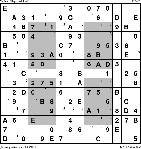 The grouppuzzles.com Medium HyperSudoku-15 puzzle for Friday January 15, 2021 with the first 3 steps marked