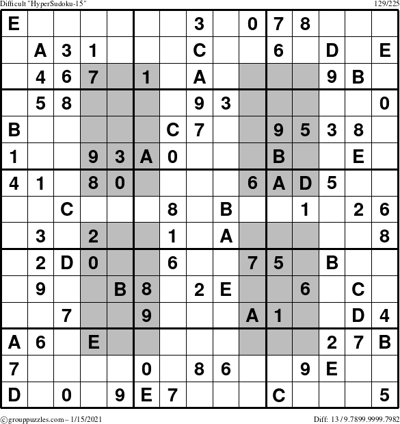 The grouppuzzles.com Difficult HyperSudoku-15 puzzle for Friday January 15, 2021