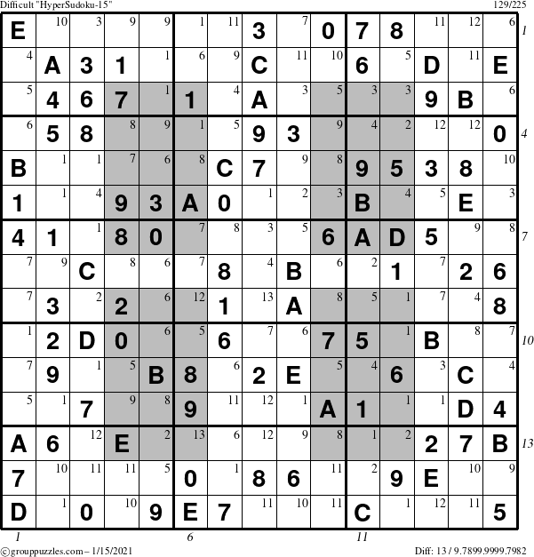 The grouppuzzles.com Difficult HyperSudoku-15 puzzle for Friday January 15, 2021 with all 13 steps marked