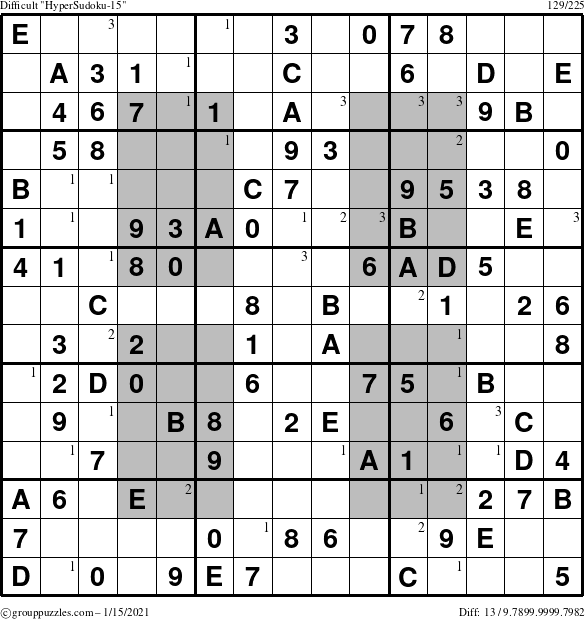 The grouppuzzles.com Difficult HyperSudoku-15 puzzle for Friday January 15, 2021 with the first 3 steps marked