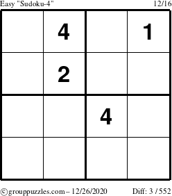 The grouppuzzles.com Easy Sudoku-4 puzzle for Saturday December 26, 2020