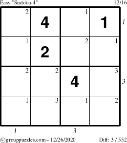 The grouppuzzles.com Easy Sudoku-4 puzzle for Saturday December 26, 2020 with all 3 steps marked