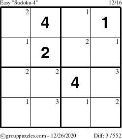 The grouppuzzles.com Easy Sudoku-4 puzzle for Saturday December 26, 2020 with the first 3 steps marked