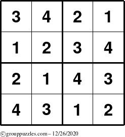 The grouppuzzles.com Answer grid for the Sudoku-4 puzzle for Saturday December 26, 2020