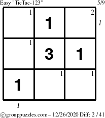 The grouppuzzles.com Easy TicTac-123 puzzle for Saturday December 26, 2020 with all 2 steps marked