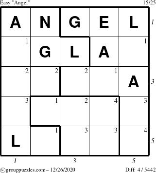 The grouppuzzles.com Easy Angel puzzle for Saturday December 26, 2020 with all 4 steps marked