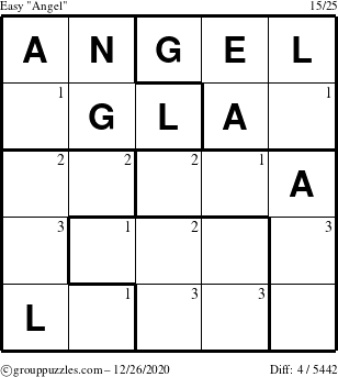 The grouppuzzles.com Easy Angel puzzle for Saturday December 26, 2020 with the first 3 steps marked