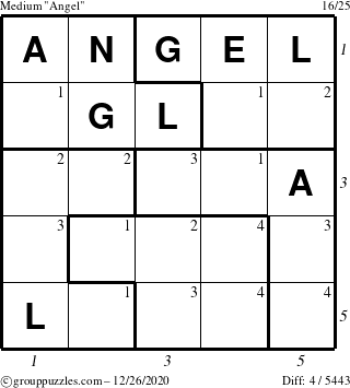 The grouppuzzles.com Medium Angel puzzle for Saturday December 26, 2020 with all 4 steps marked