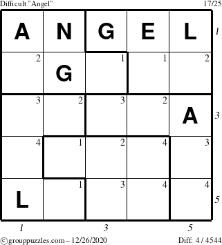 The grouppuzzles.com Difficult Angel puzzle for Saturday December 26, 2020 with all 4 steps marked