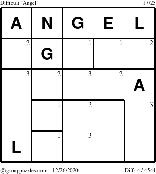 The grouppuzzles.com Difficult Angel puzzle for Saturday December 26, 2020 with the first 3 steps marked